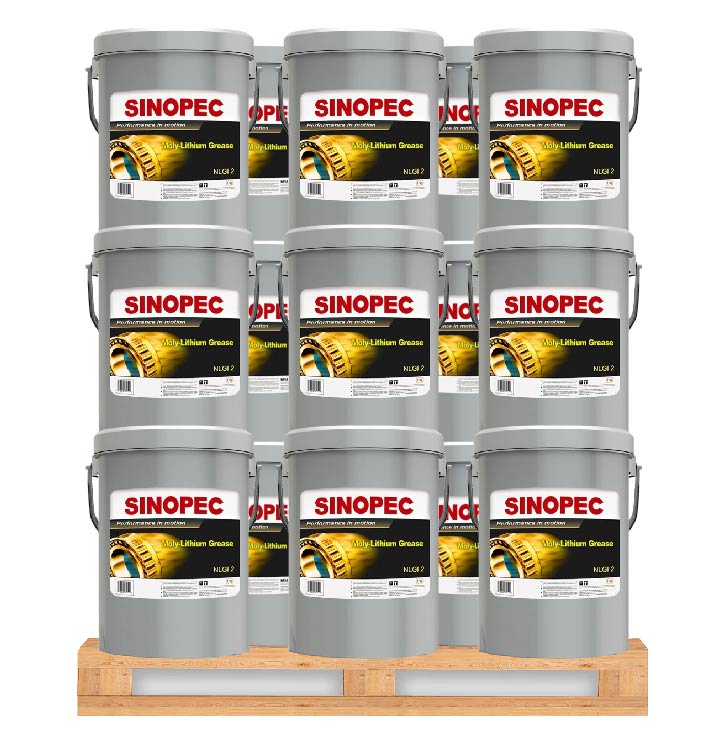 Front image of Sinopec Moly-Lithium Grease NLGI 2 pallet of 36 pails of 17 kg.