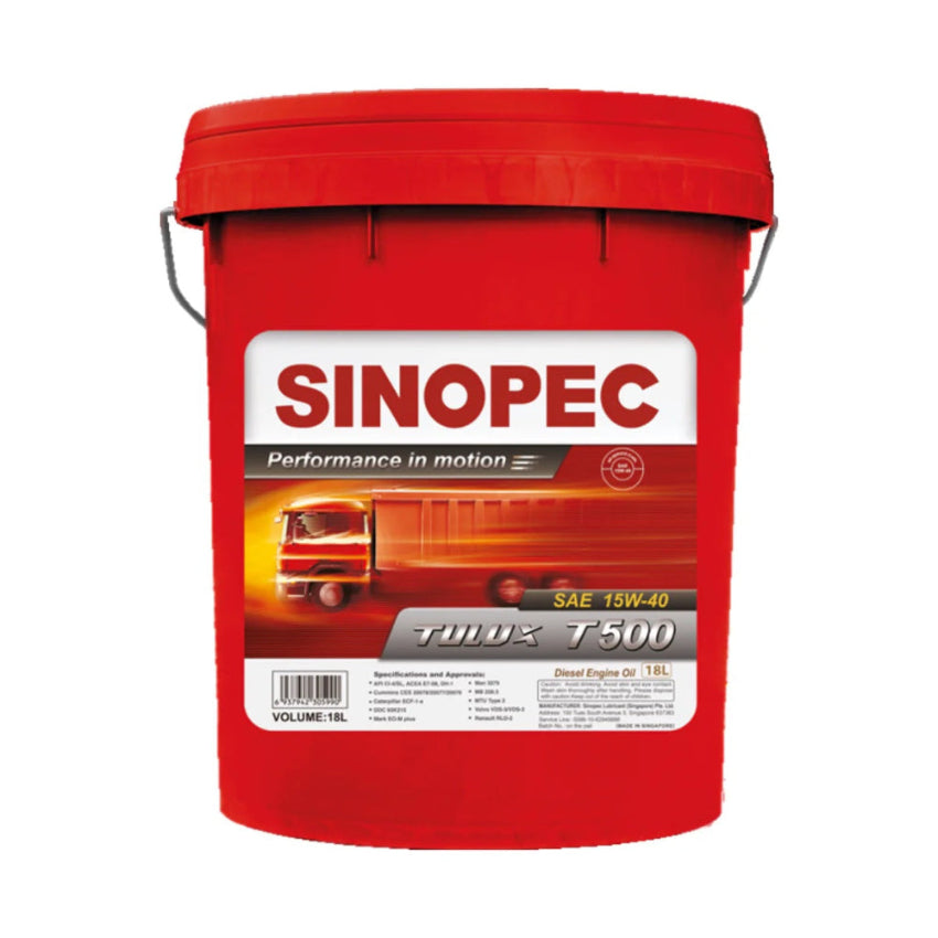 Front image of Sinopec Tulux T500 15W-40 Classic Diesel Engine Oil pail of diesel engine oil 18 L.