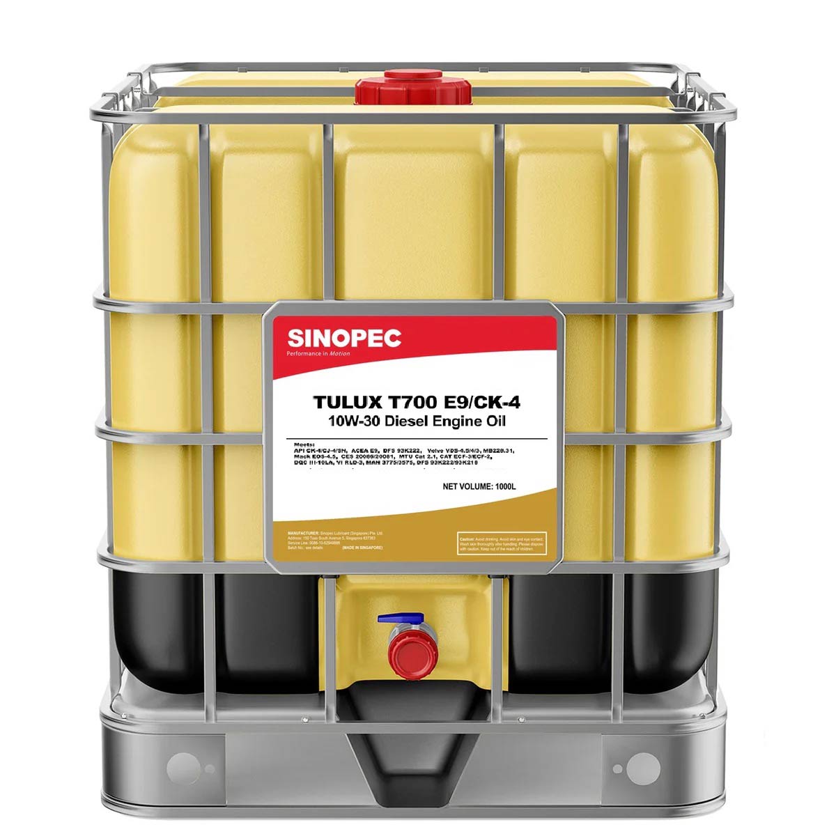 Front image of Sinopec T700 CK4 E9 10W30 IBC tote of diesel engine oil 1000 L.